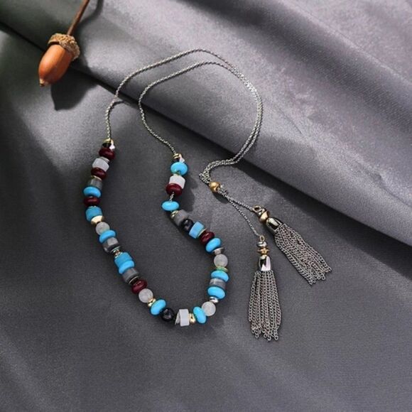 Blue Beaded Tassel Fringe Lariat Long Vintage Silver Pendant Statement Necklace - Picture 8 of 8